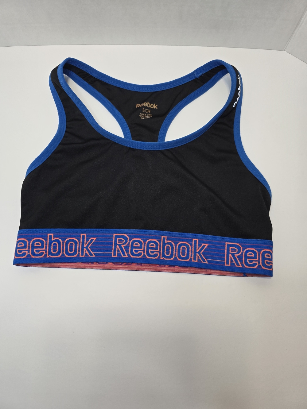 Reebok Black & Blue Logo Elastic Sports Bra - Size S